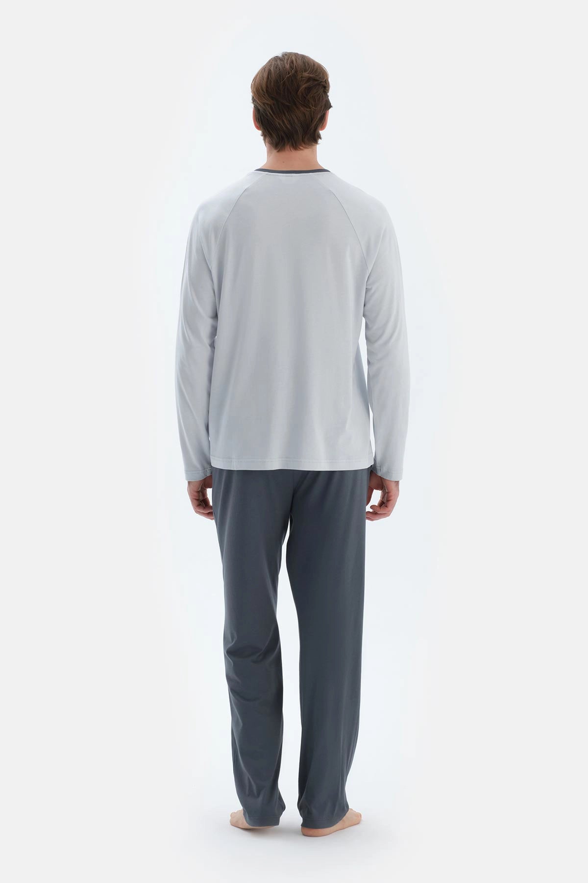 Gri Reglan Uzun Kollu Patlı Basıc Tişört Pantolon Pijama Takımı