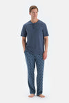 Indigo Pat Ve Fleto Cep Detaylı Tişört Pantolon Pijama Takımı