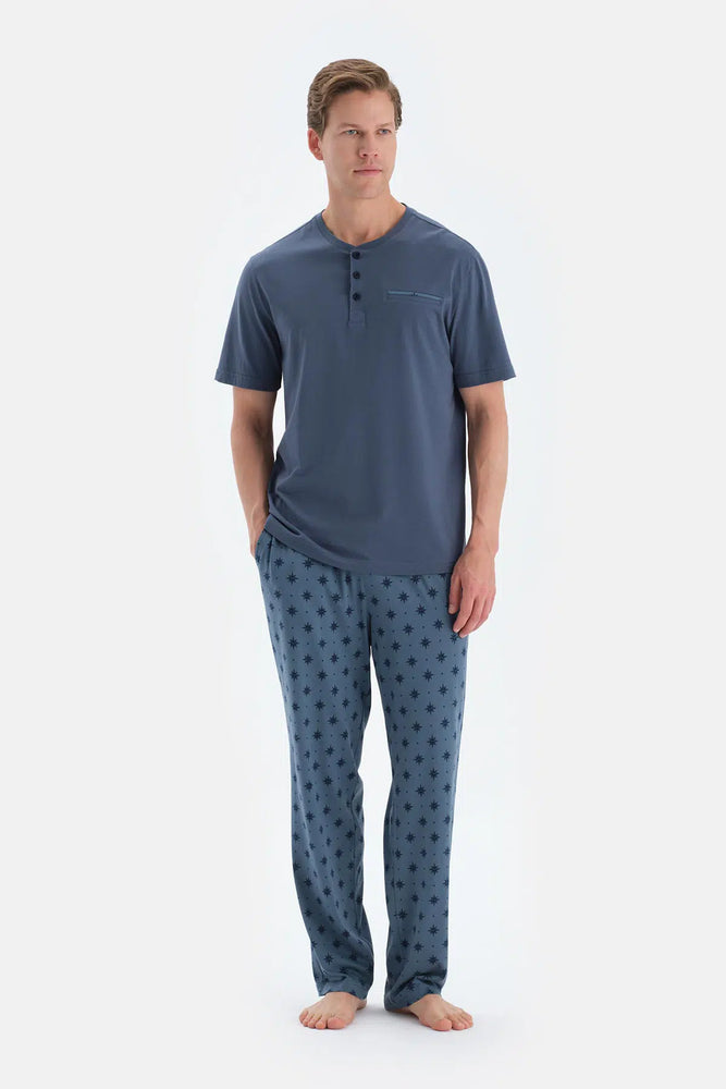 Indigo Pat Ve Fleto Cep Detaylı Tişört Pantolon Pijama Takımı