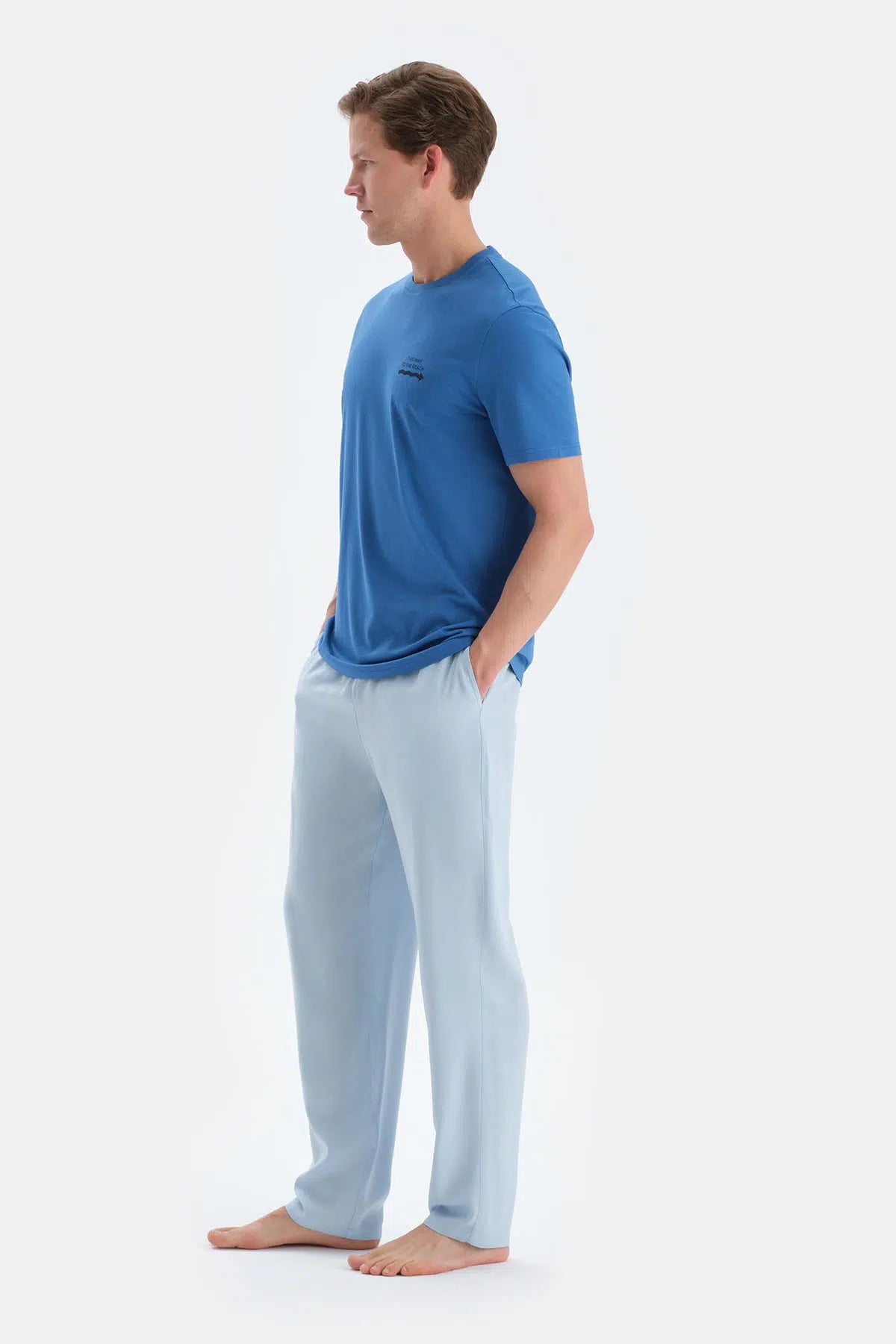 Sax Mavisi Baskı Detaylı Kısa Kollu Tişört Pantolon Pijama Takımı