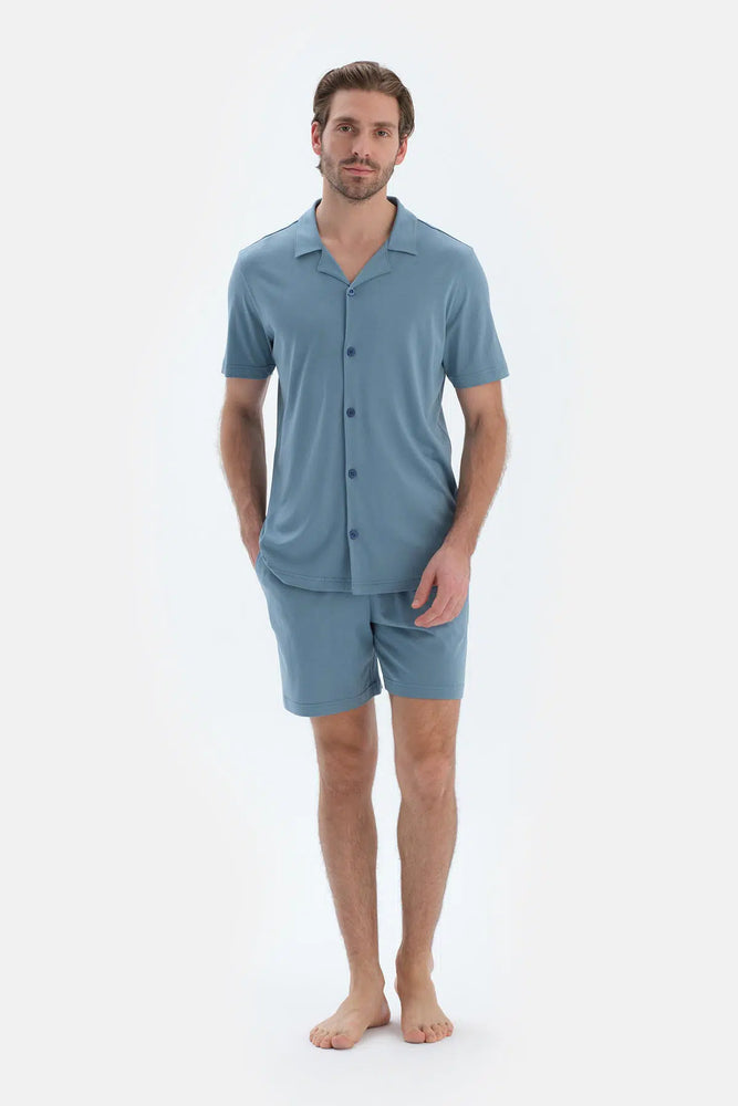 Mavi Kısa Kollu Cepli Basıc Gömlek Şort Pijama Takımı