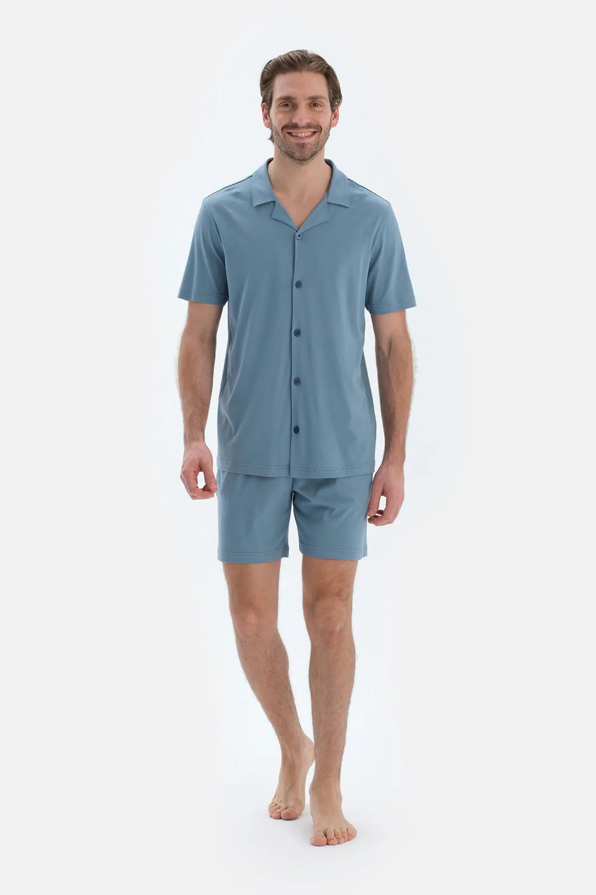 Mavi Kısa Kollu Cepli Basıc Gömlek Şort Pijama Takımı