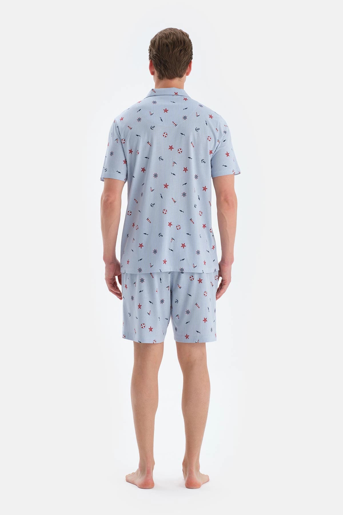 Açık Mavi Metraj Baskılı Gömlek Şort Pijama Takımı