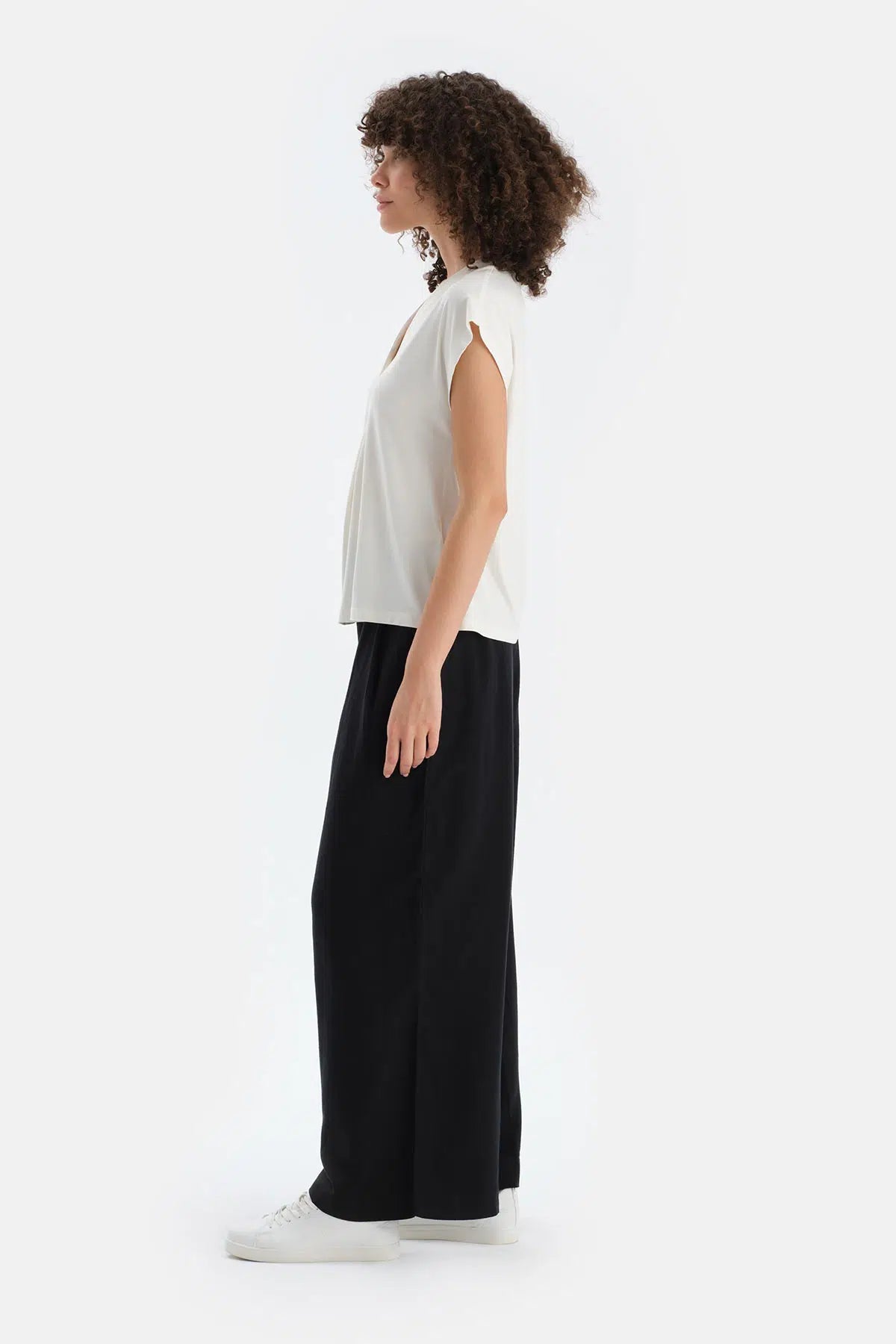 Siyah Keten Lyocell Karışımlı Dokuma Pantalon