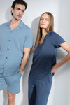 Indigo V Yaka Viskon Tişört Pantolon Pijama Takımı
