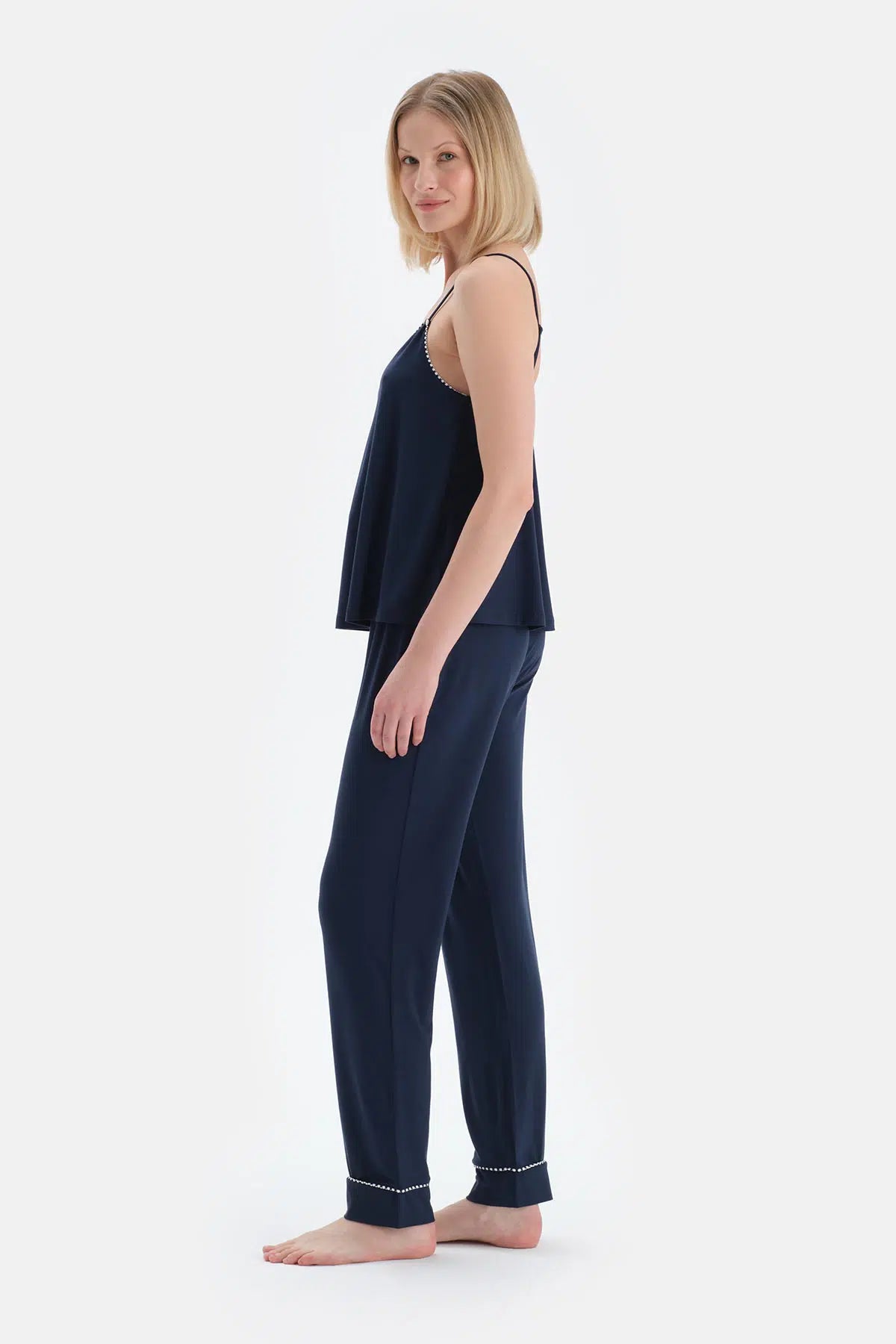Lacivert V Yaka Ince Askılı Viskon Atlet Pantolon Pijama Takımı