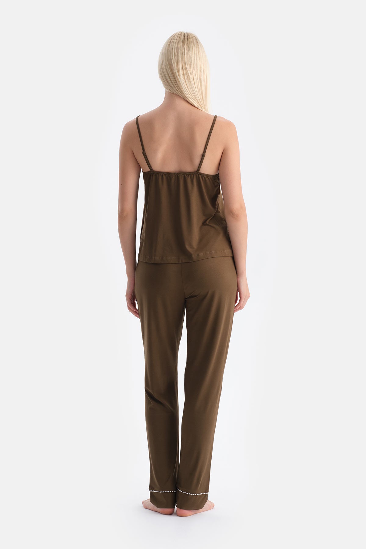Haki V Yaka Ince Askılı Viskon Atlet Pantolon Pijama Takımı