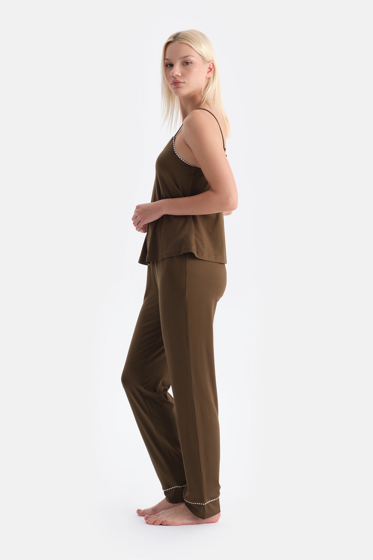 Haki V Yaka Ince Askılı Viskon Atlet Pantolon Pijama Takımı