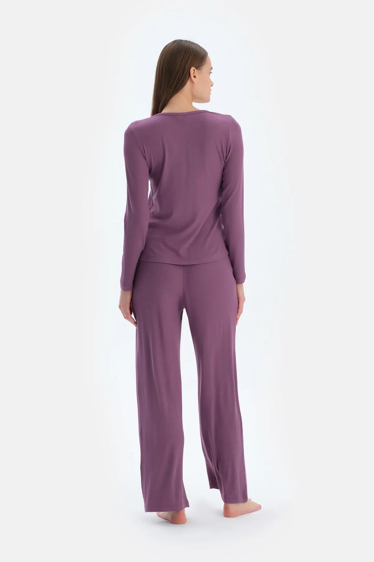 Mor V Yaka Viskon Kaşkorse Tişört Pantolon Pijama Takımı