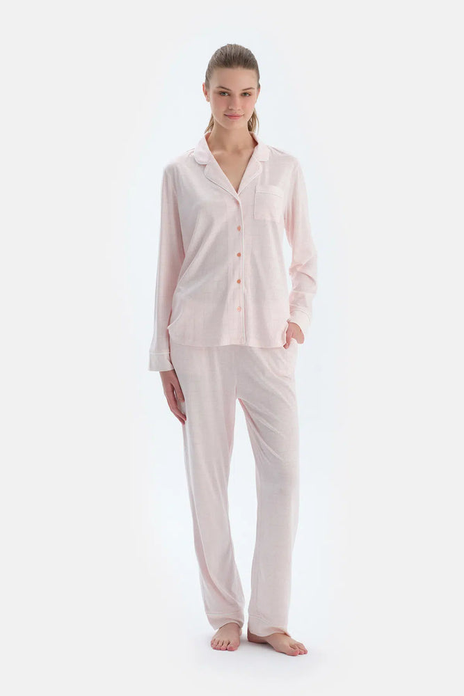 Açık Pembe Metraj Kalp Baskılı Gömlek Pantolon Pijama Takımı