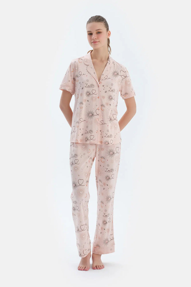 Pembe Metraj Baskılı Penye Modal Gömlek Pantolon Pijama Takımı