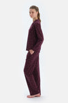 Bordo Kalp Ve Çizgi Baskılı Penye Modal Gömlek Pantolon Pijama Takımı