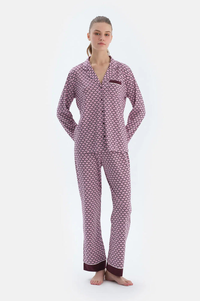 Multicolor Geometrik Metraj Baskılı Penye Modal Gömlek Pantolon Pijama Takımı