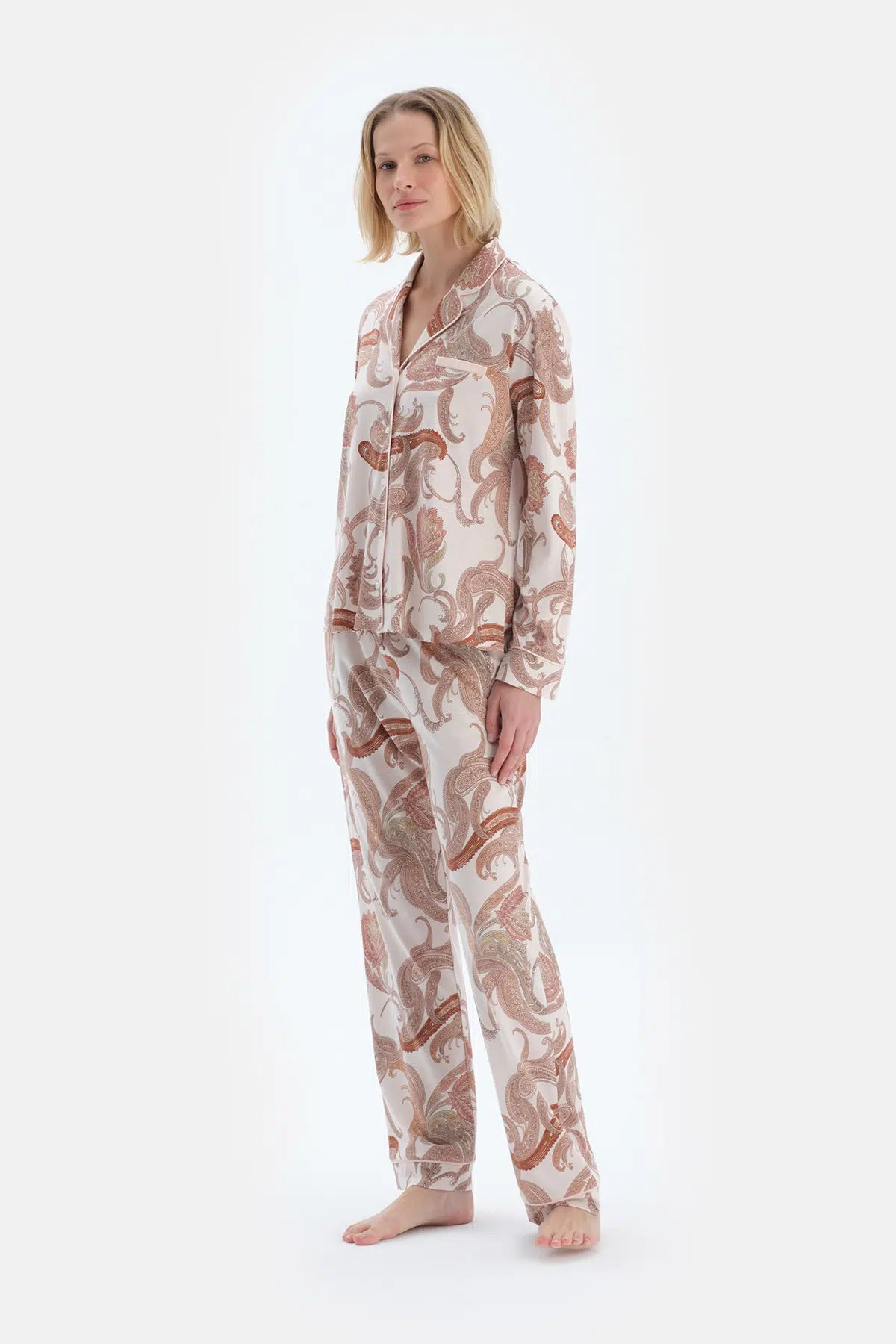 Açık Pembe Şal Desenli Penye Modal Gömlek Pantolon Pijama Takımı