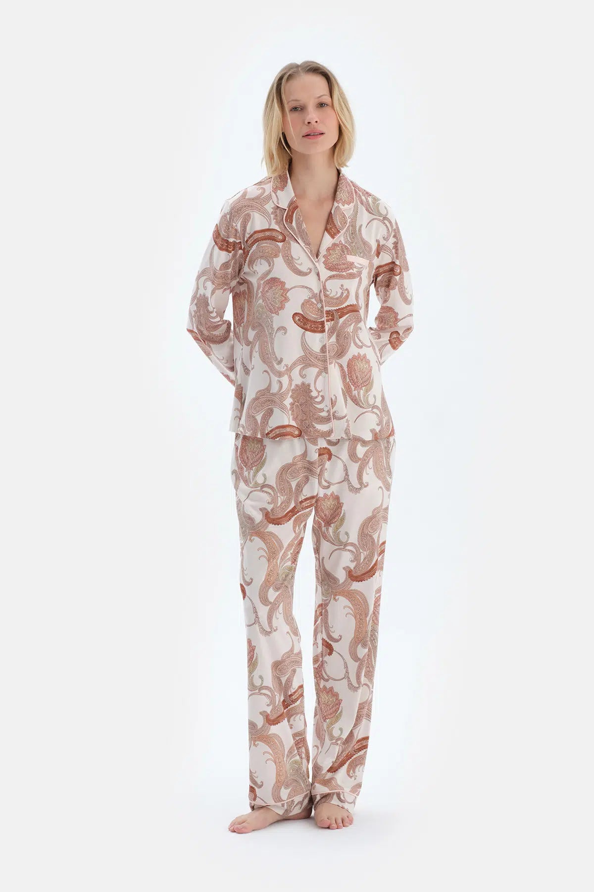 Açık Pembe Şal Desenli Penye Modal Gömlek Pantolon Pijama Takımı