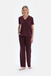 Bordo V Yaka Kısa Kollu Viskon Tişört Pantolon Pijama Takımı