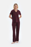 Bordo V Yaka Kısa Kollu Viskon Tişört Pantolon Pijama Takımı