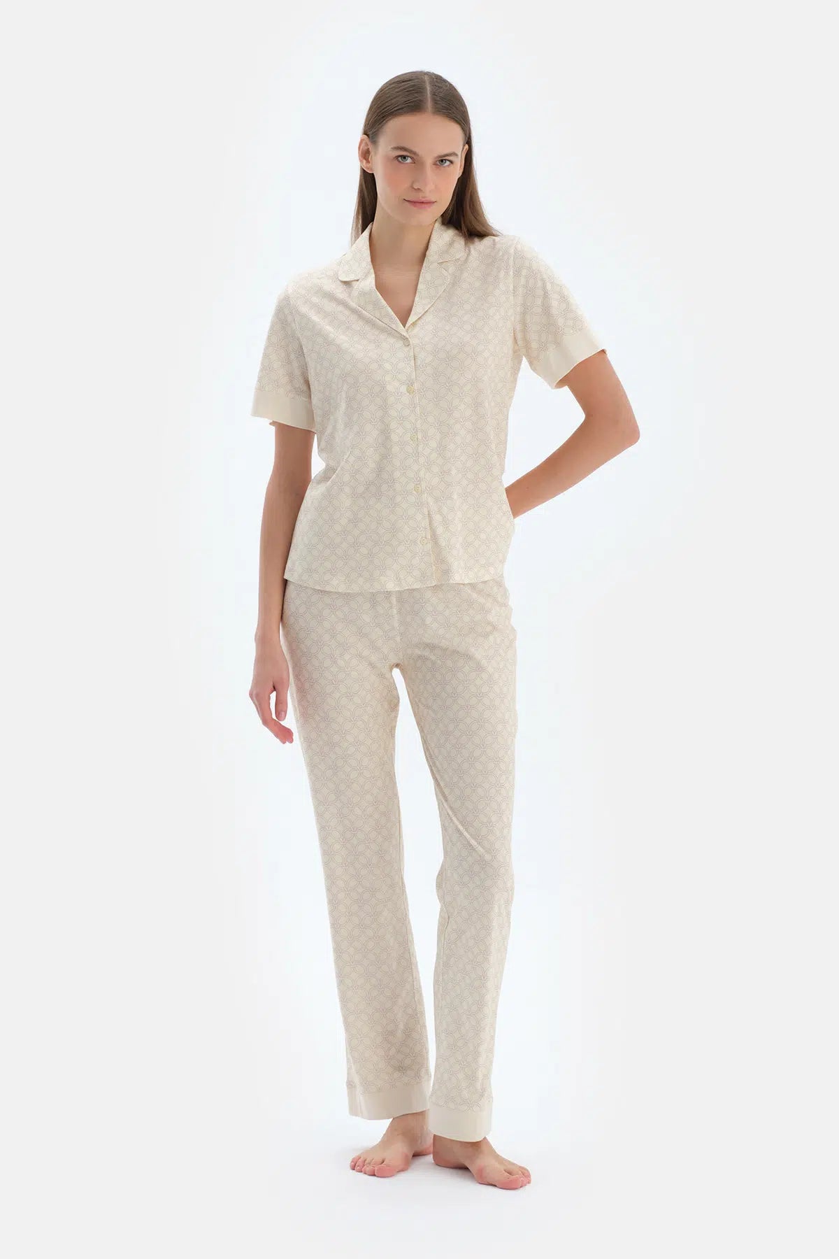 Açık Sarı Halat Desenli Gömlek Pantolon Pijama Takımı