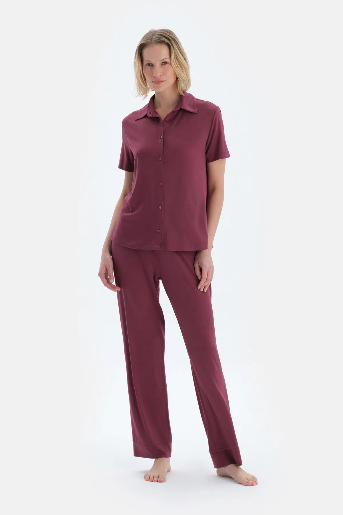 Bordo Basıc Gömlek Pantolon Pijama Takımı