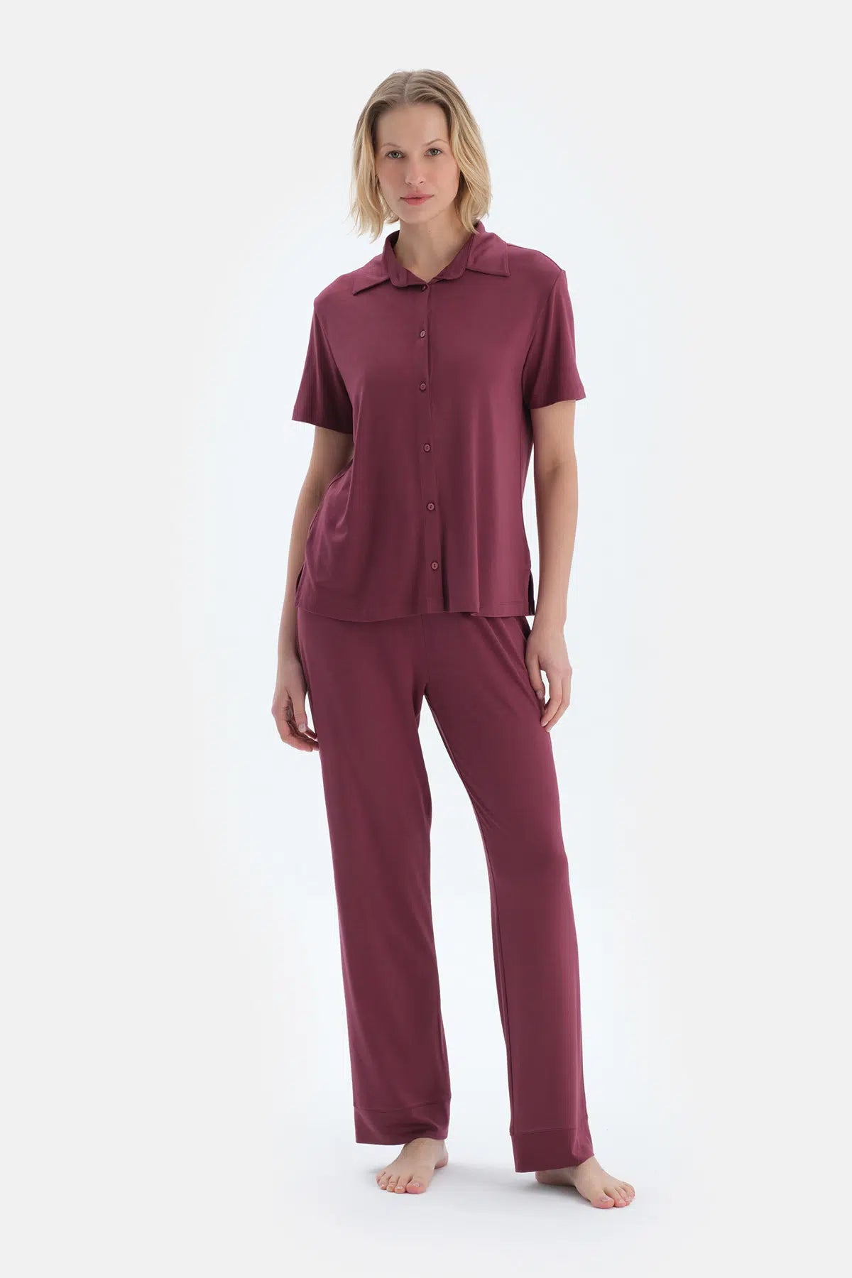 Bordo Basıc Gömlek Pantolon Pijama Takımı