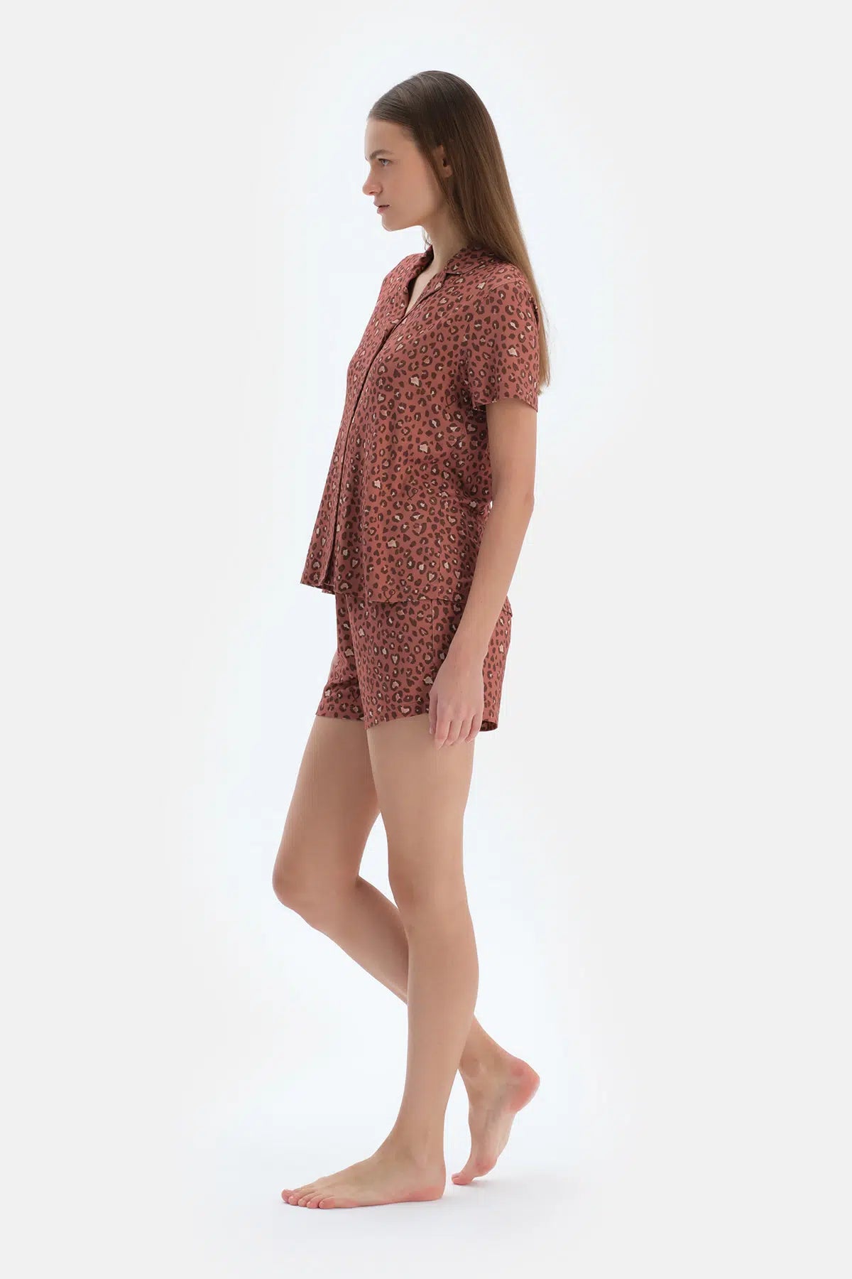 Kiremit Leopar Desenli Gömlek Şort Pijama Takımı