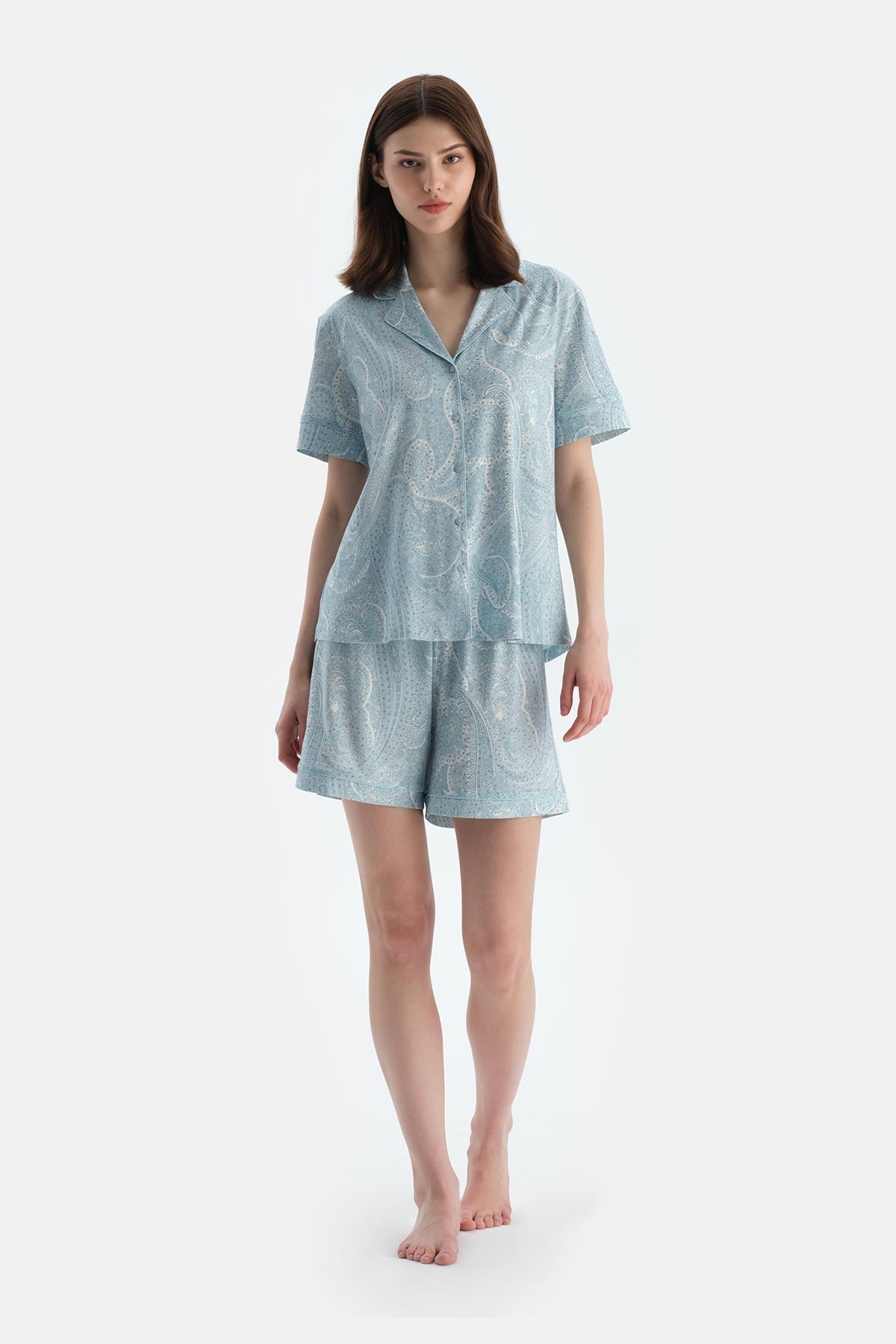 Açık Mavi Şal Desenli Penye Modal Gömlek Şort Pijama Takımı
