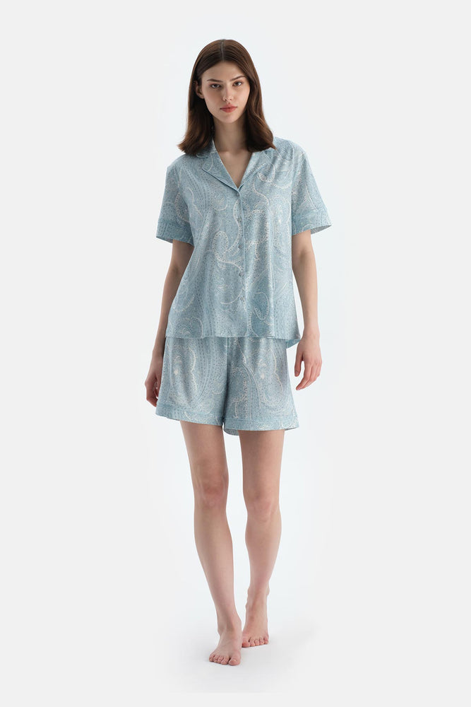 Açık Mavi Şal Desenli Penye Modal Gömlek Şort Pijama Takımı