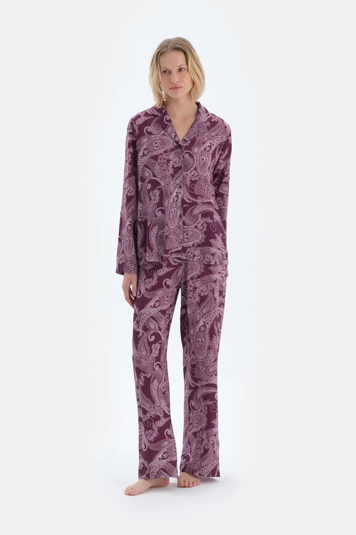 Mürdüm Şal Desenli Dokuma Pantolon Pijama Altı