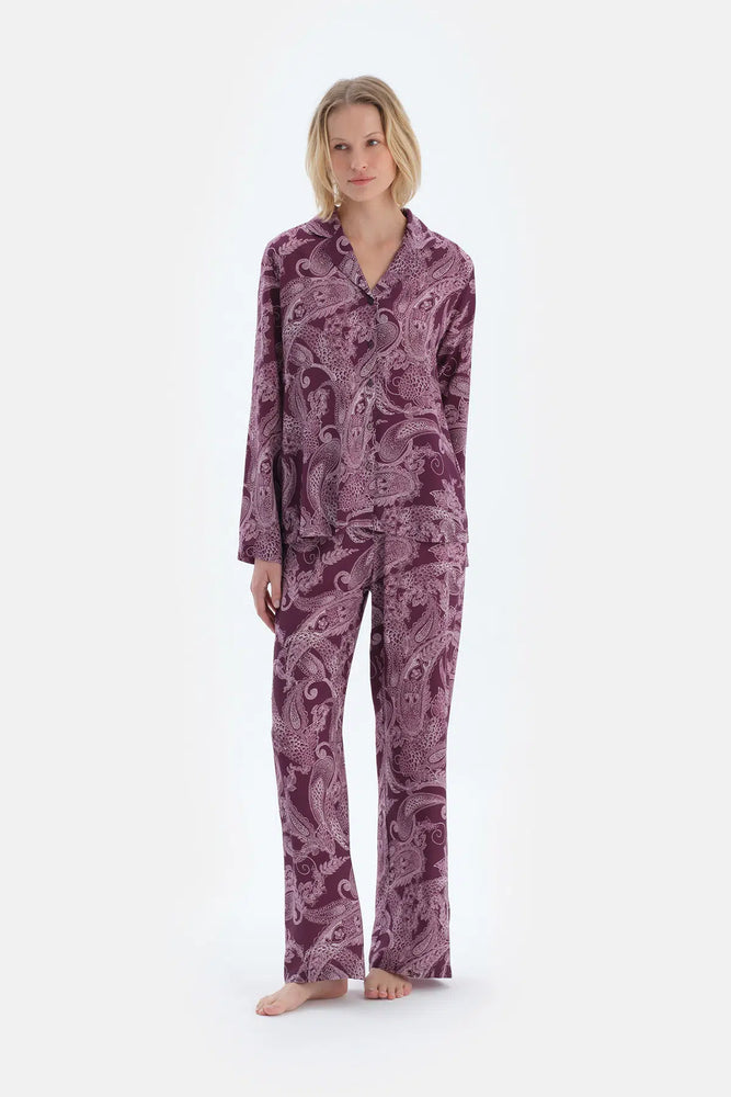 Mürdüm Şal Desenli Dokuma Pantolon Pijama Altı