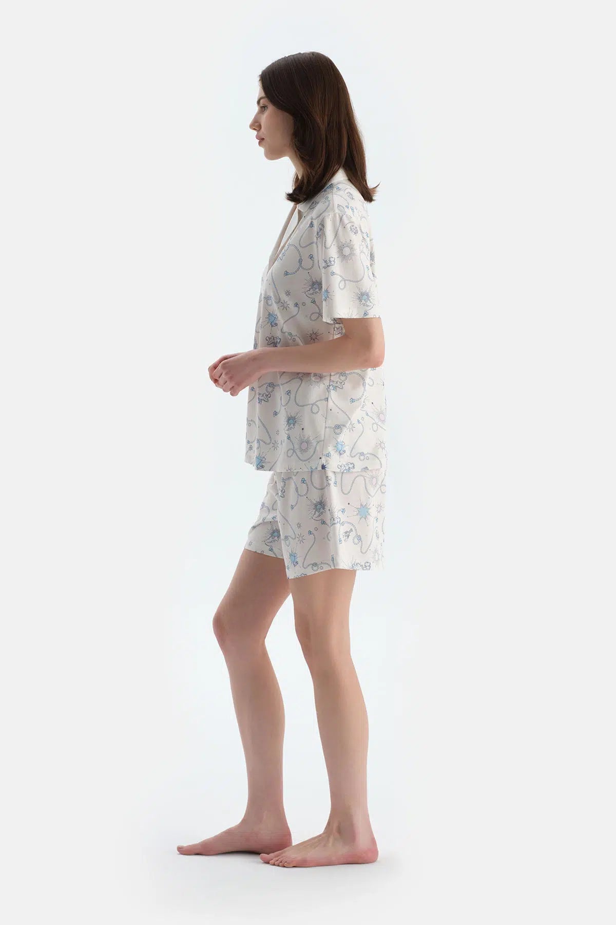 Ekru Metraj Baskılı Penye Modal Gömlek Şort Pijama Takımı