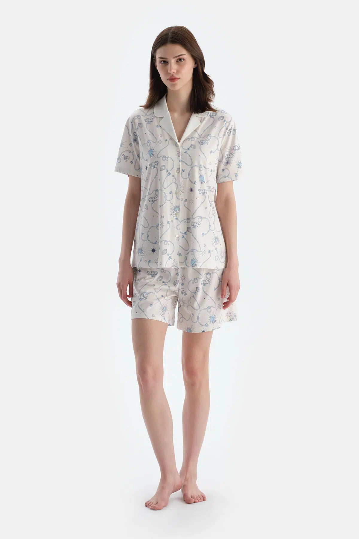 Ekru Metraj Baskılı Penye Modal Gömlek Şort Pijama Takımı