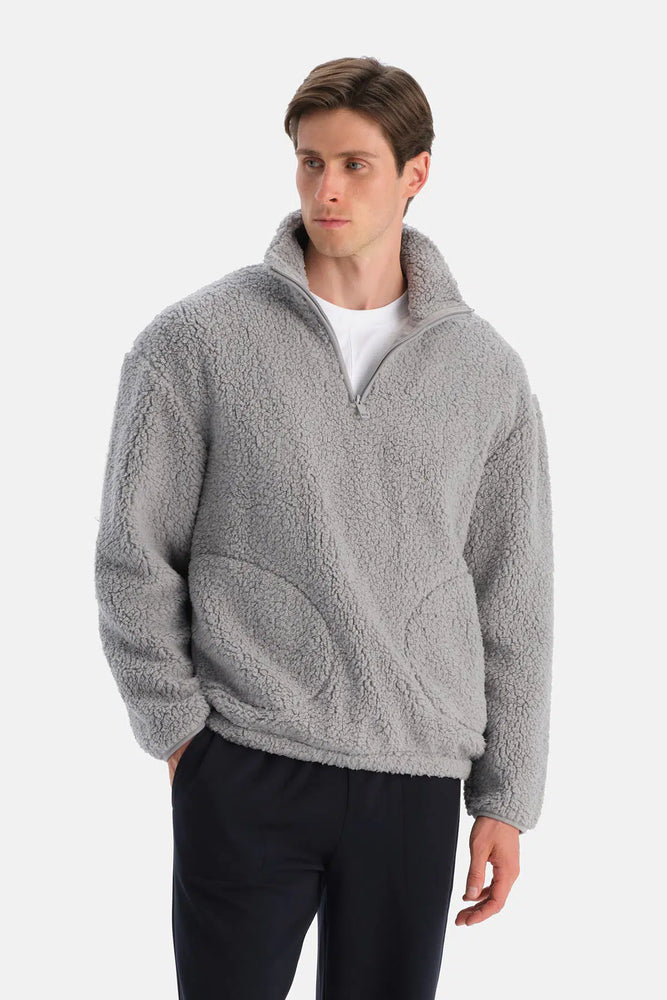 Açık Gri Erkek Yarım Fermuarlı Sweatshırt