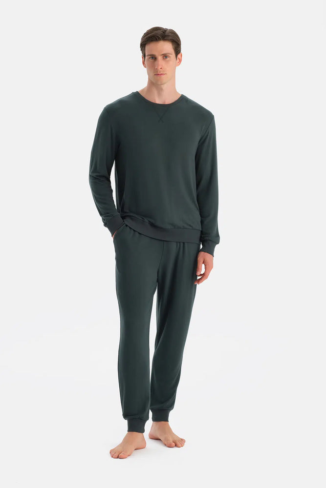 Koyu Yeşil DüDetaylı Uzun Kollu Tişört Pantolon Pijama Takımı