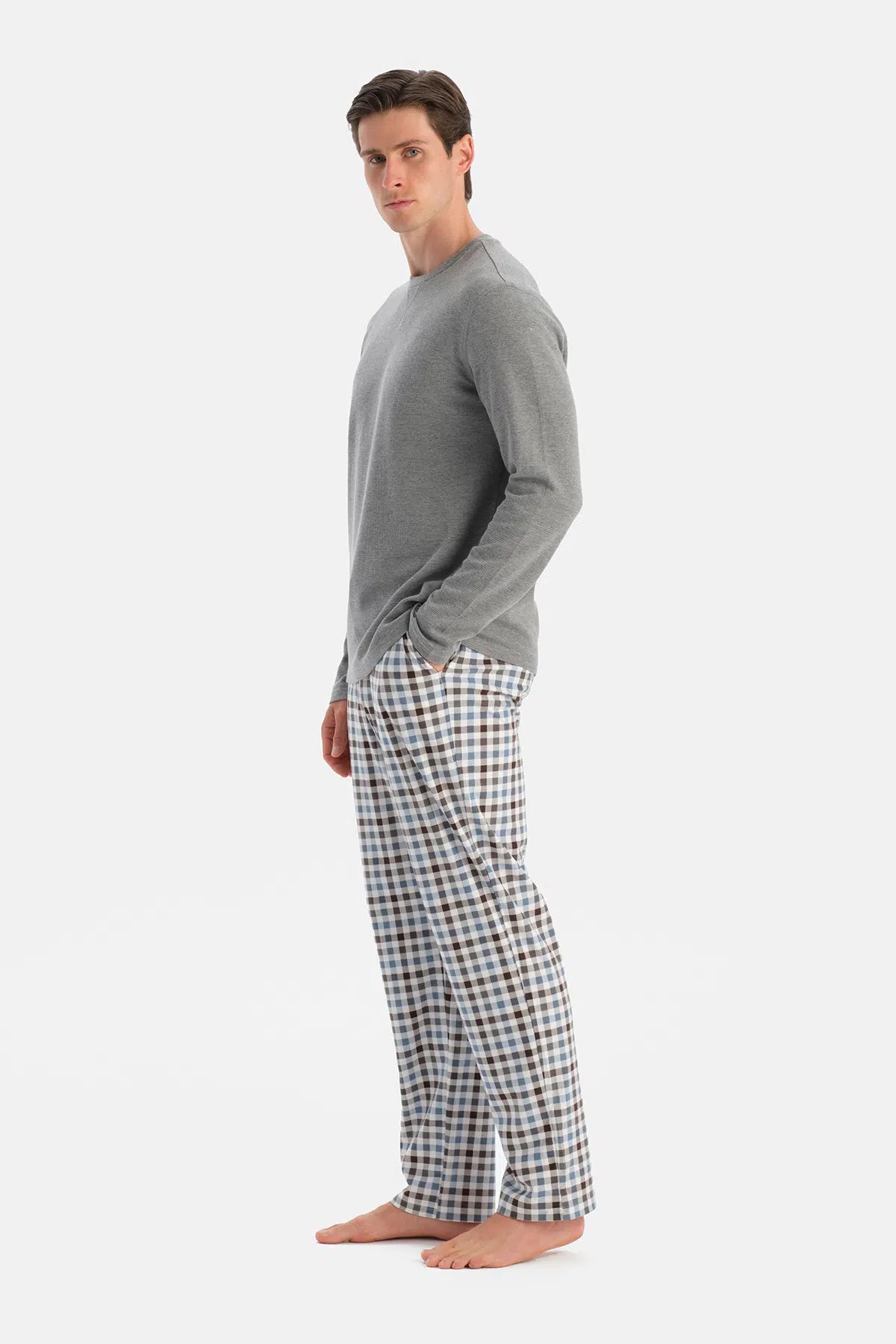 Gri Melanj Dikiş Detaylı Waffle Tişört Pantolon Pijama Takımı
