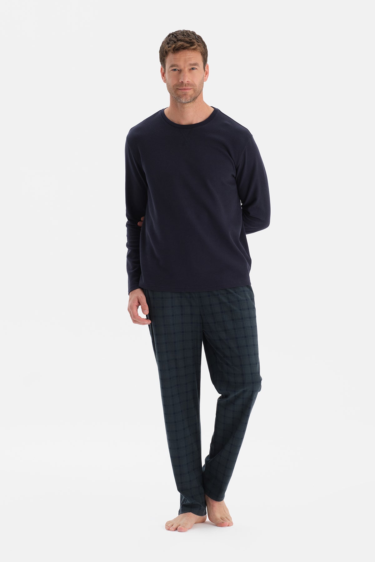 Lacivert Dikiş Detaylı Waffle Tişört Pantolon Pijama Takımı