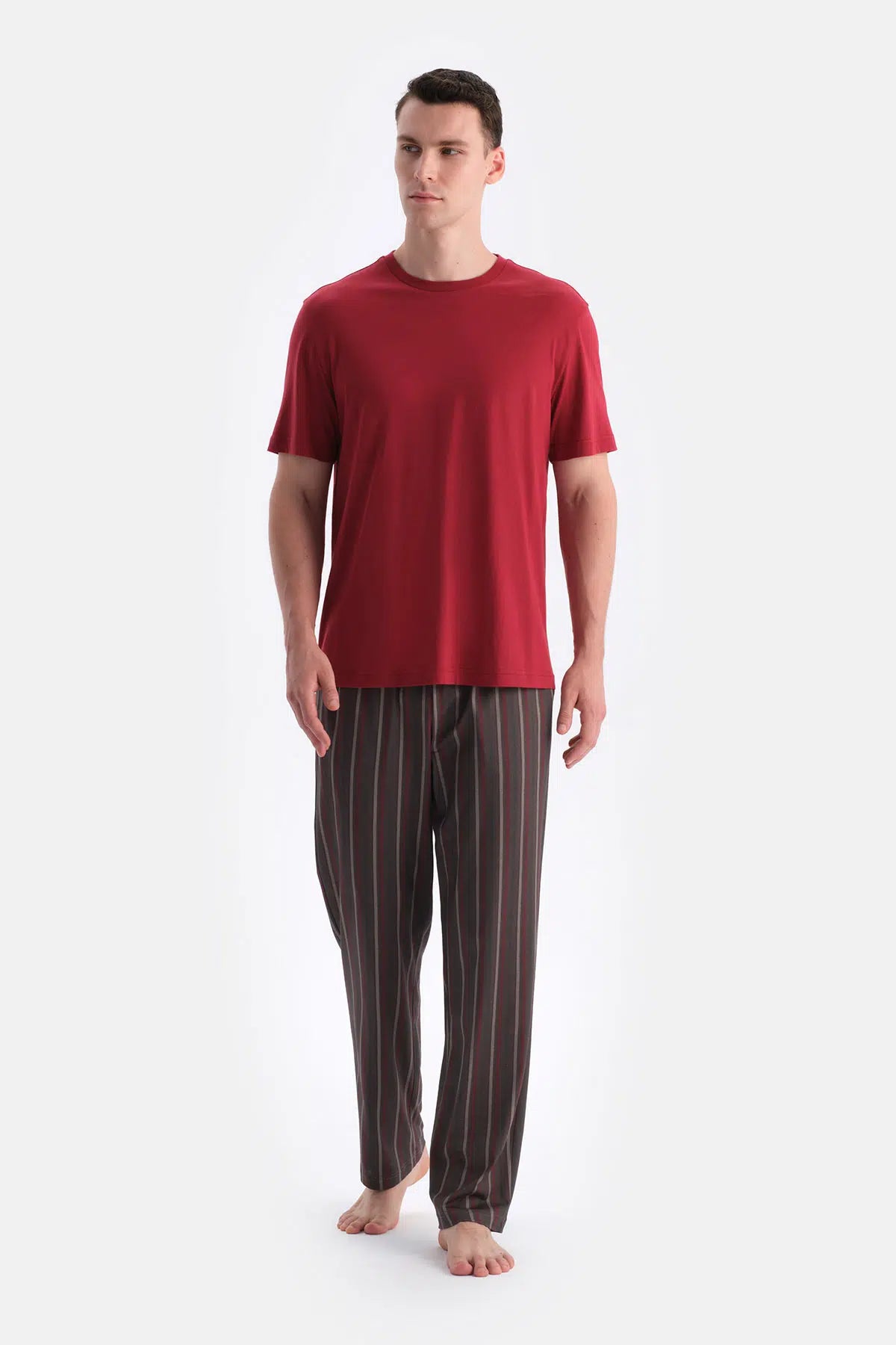 Bordo Kısa Kollu Altı Çizgili Tişört Pantolon Takım