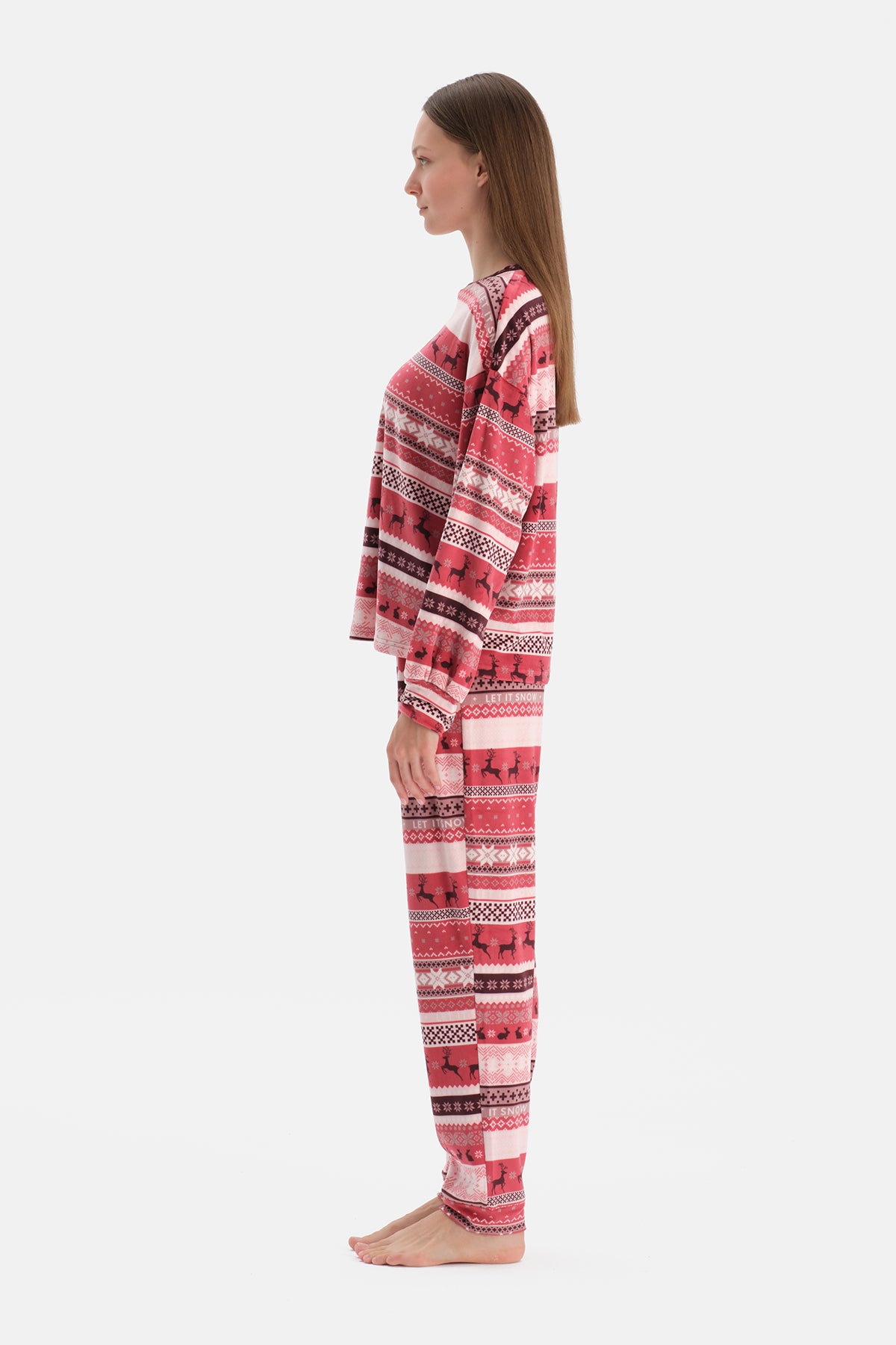 Kırmızı Baskılı Kadife Tişört Pantolon Pijama Takımı