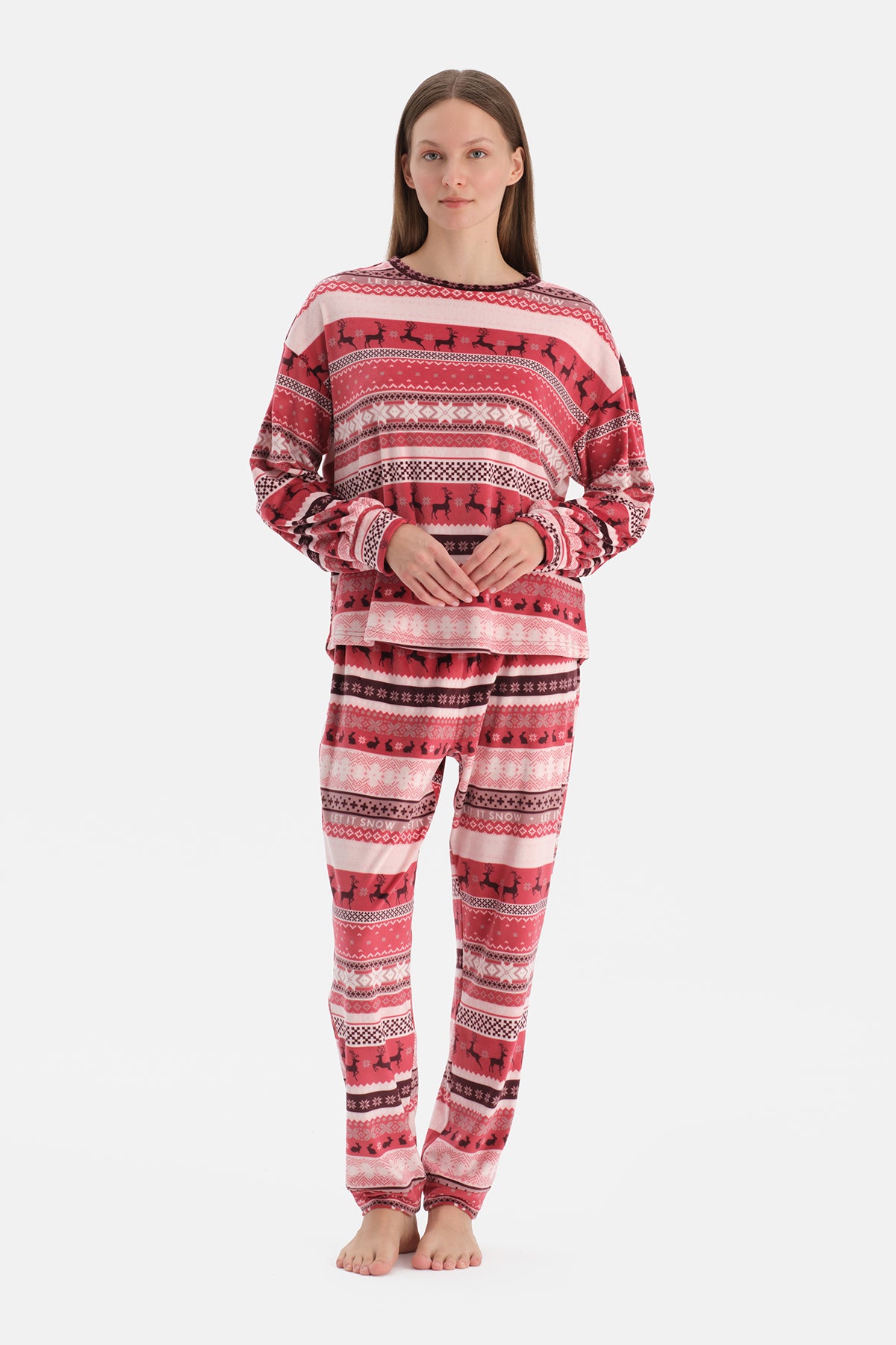 Kırmızı Baskılı Kadife Tişört Pantolon Pijama Takımı