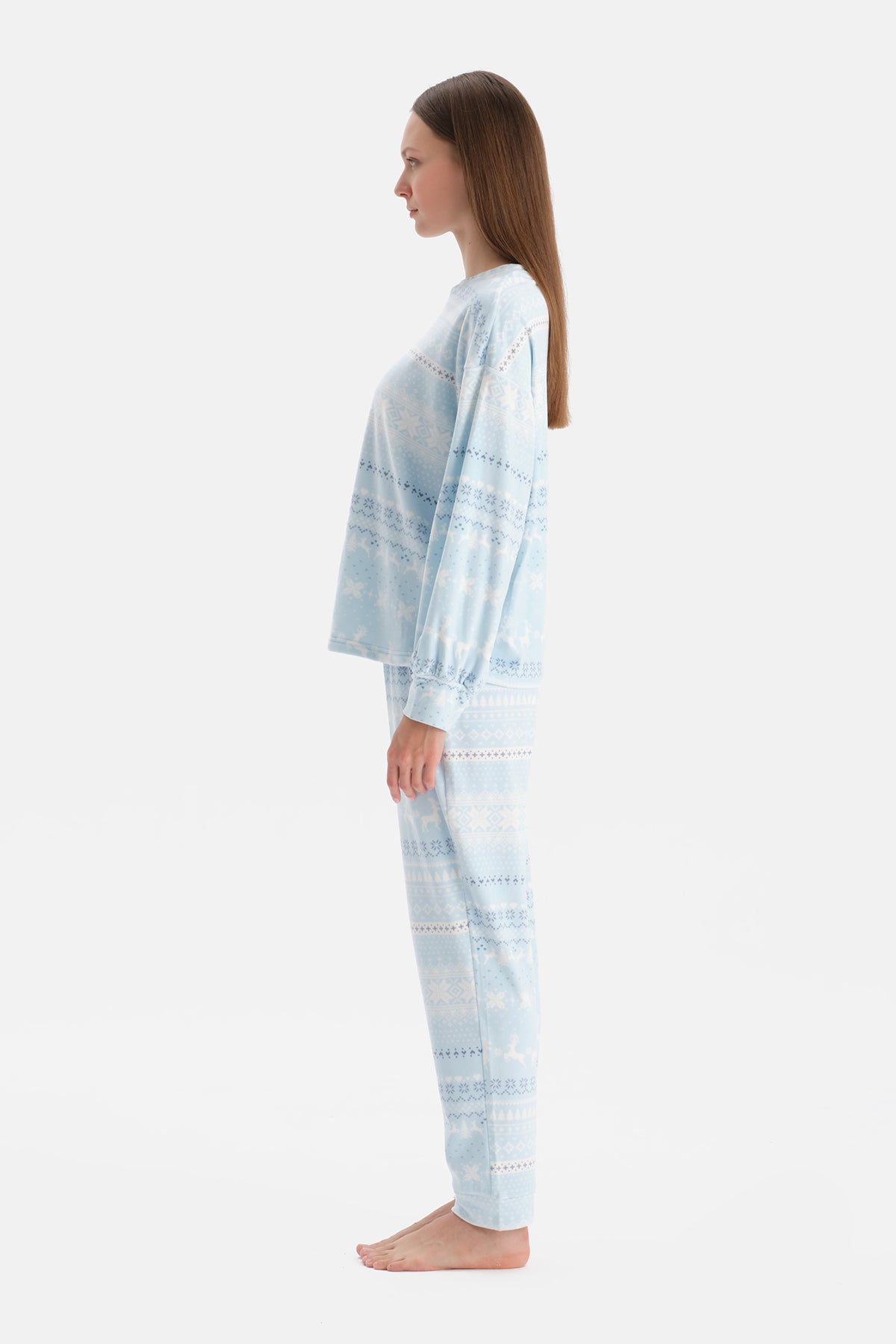 Açık Mavi Baskılı Kadife Tişört Pantolon Pijama Takımı