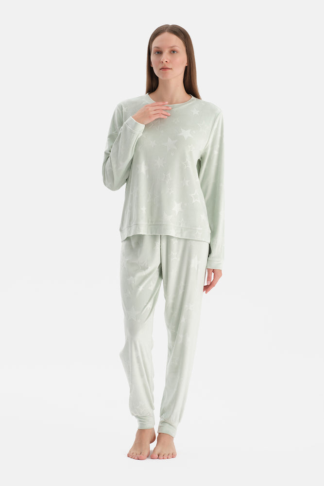 Su Yeşili Gofre Yıldız Baskılı Tişört Pantolon Pijama Takımı