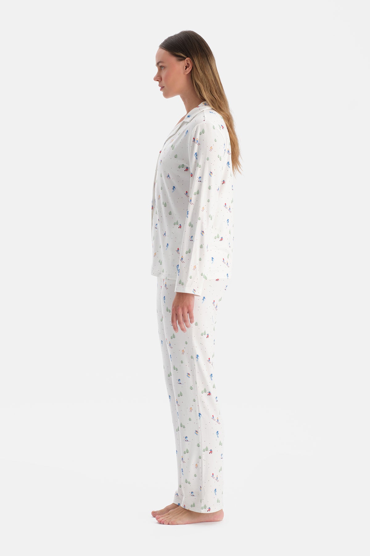 Ekru Baskılı Termal Gömlek Pantolon Pijama Takımı
