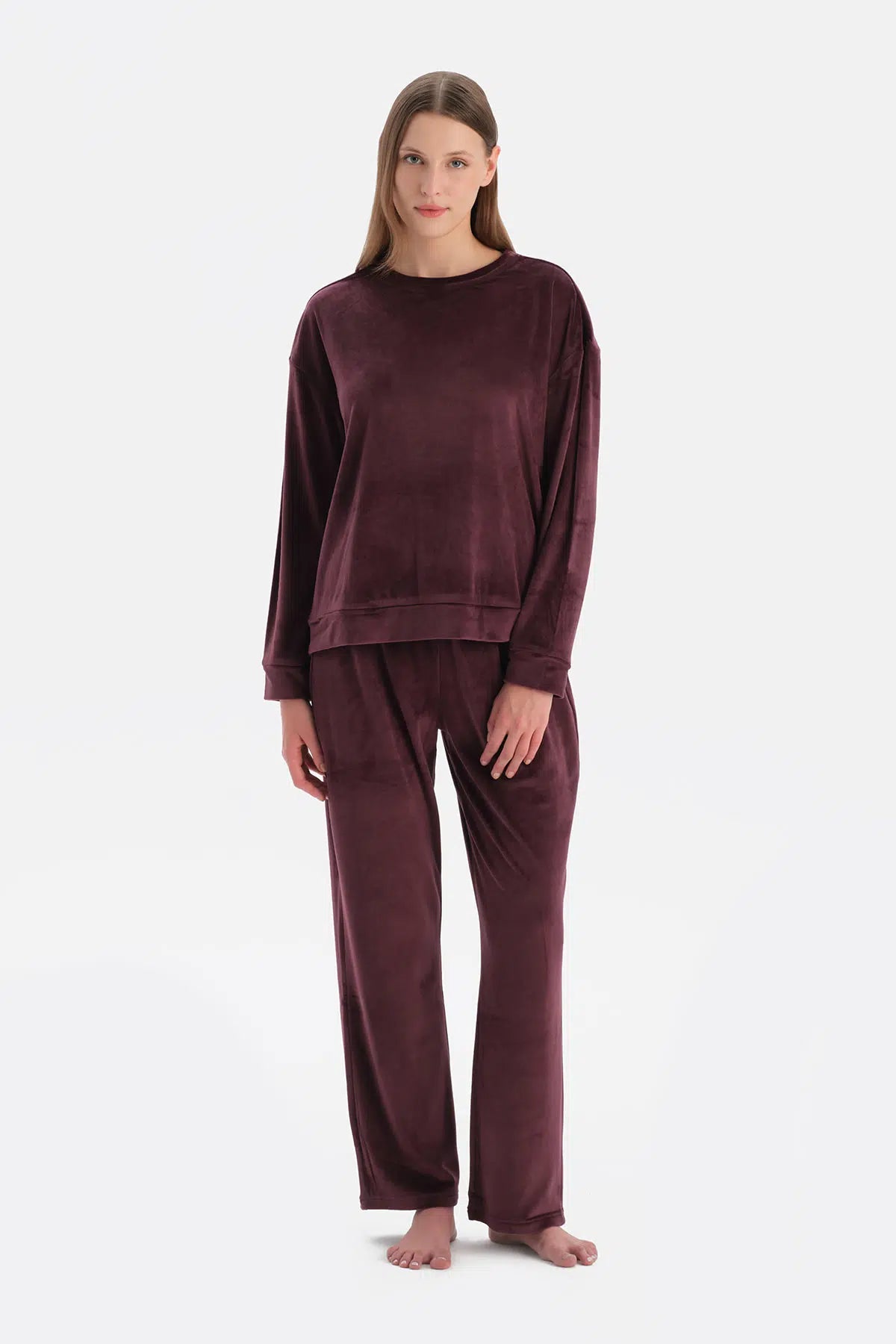 Bordo Uzun Kollu Kadife Tişört Pantolon Pijama Takımı