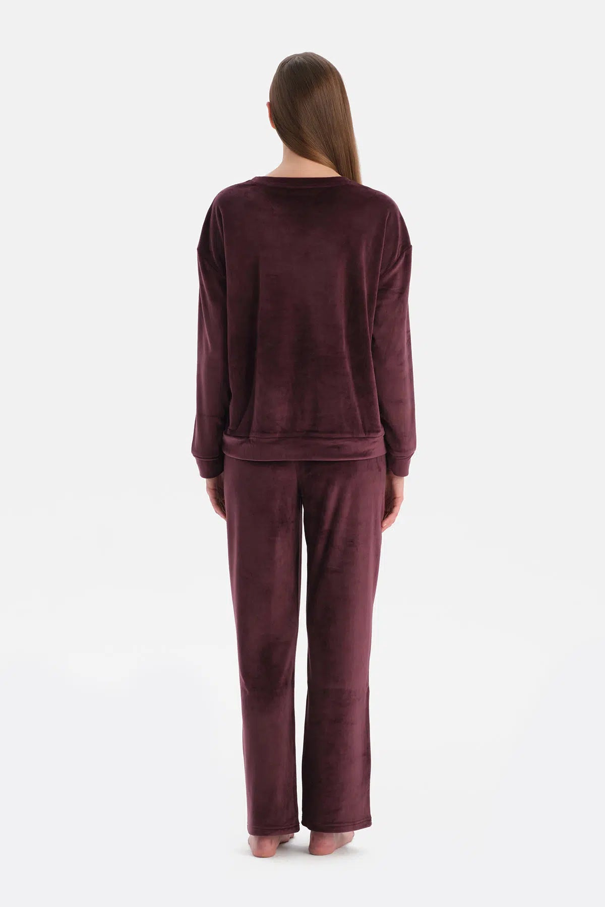 Bordo Uzun Kollu Kadife Tişört Pantolon Pijama Takımı