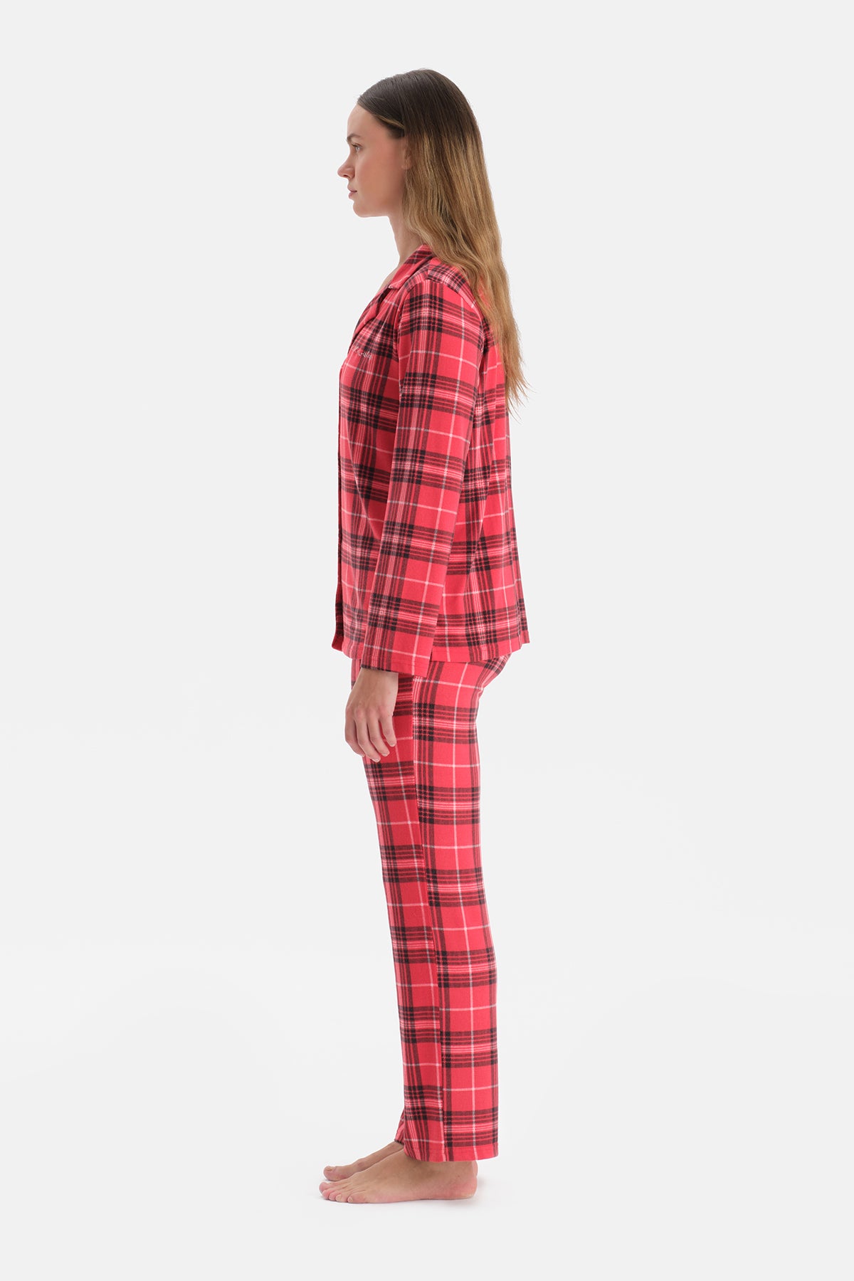Kırmızı Ekoseli Termal Gömlek Pantolon Pijama Takımı