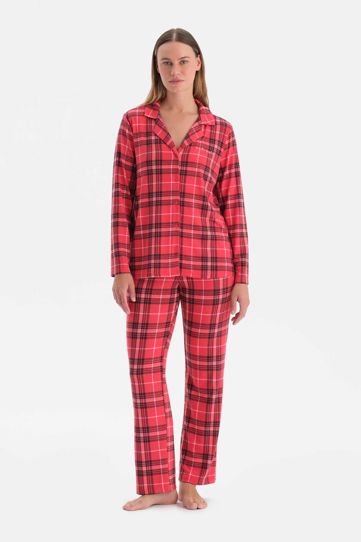Kırmızı Ekoseli Termal Gömlek Pantolon Pijama Takımı
