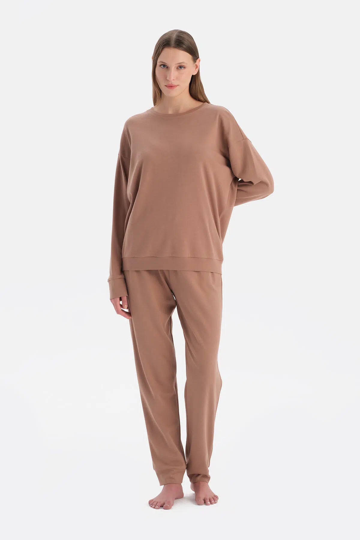 Sütlü Kahve Bisiklet Yaka Jogger Paça Celliant Pijama Takımı