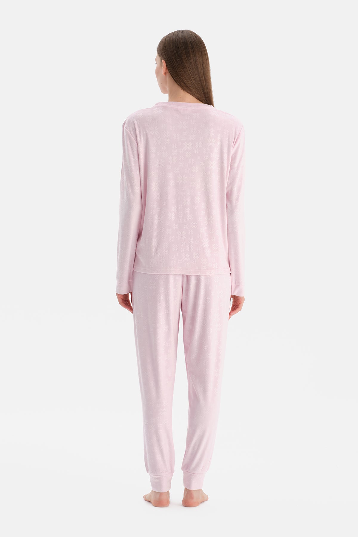 Açık Pembe Gofre Kar Baskılı Tişört Pantolon Pijama Takımı
