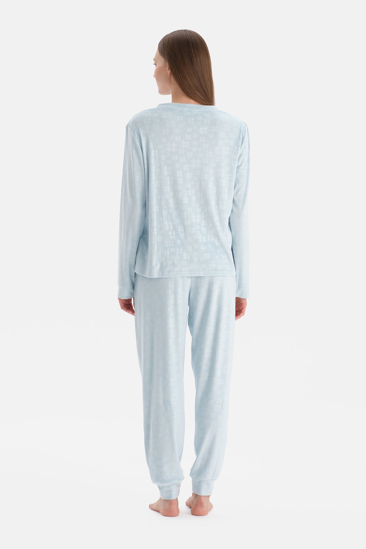 Turkuaz Gofre Kar Baskılı Tişört Pantolon Pijama Takımı