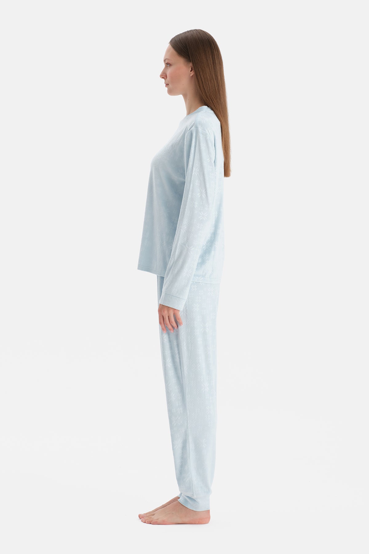 Turkuaz Gofre Kar Baskılı Tişört Pantolon Pijama Takımı