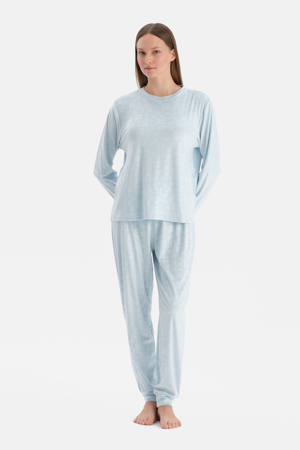 Turkuaz Gofre Kar Baskılı Tişört Pantolon Pijama Takımı
